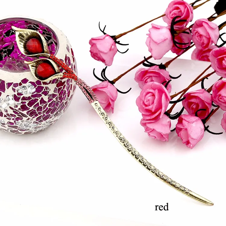 Ретро простые Стразы палочка для волос винтажный металлический цветок женские аксессуары для волос - Окраска металла: red