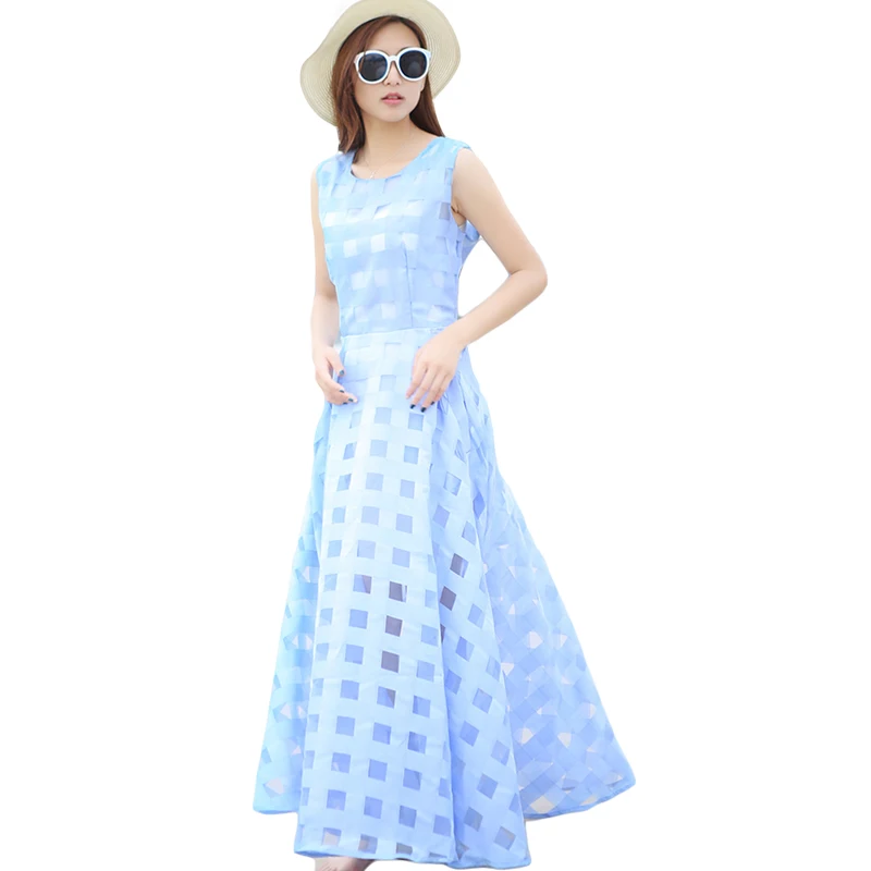 

Long Maxi Dress Women 2019 Summer Fashion Sleeveless Ball Gown Holiday Beach Vintage Organza Sundress Vestidos Robe Femme CM284