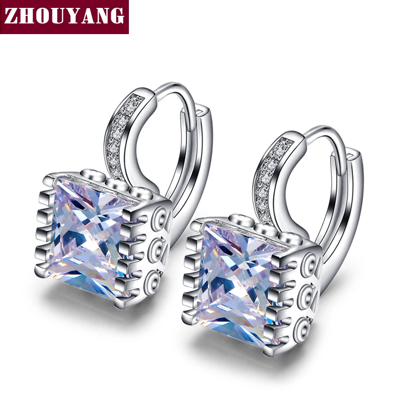 Image 2016 New Square Classic Design 18K White Gold Plated Cushion Cut Big CZ Diamond Wedding Hoop Earrings for Women ZYE820