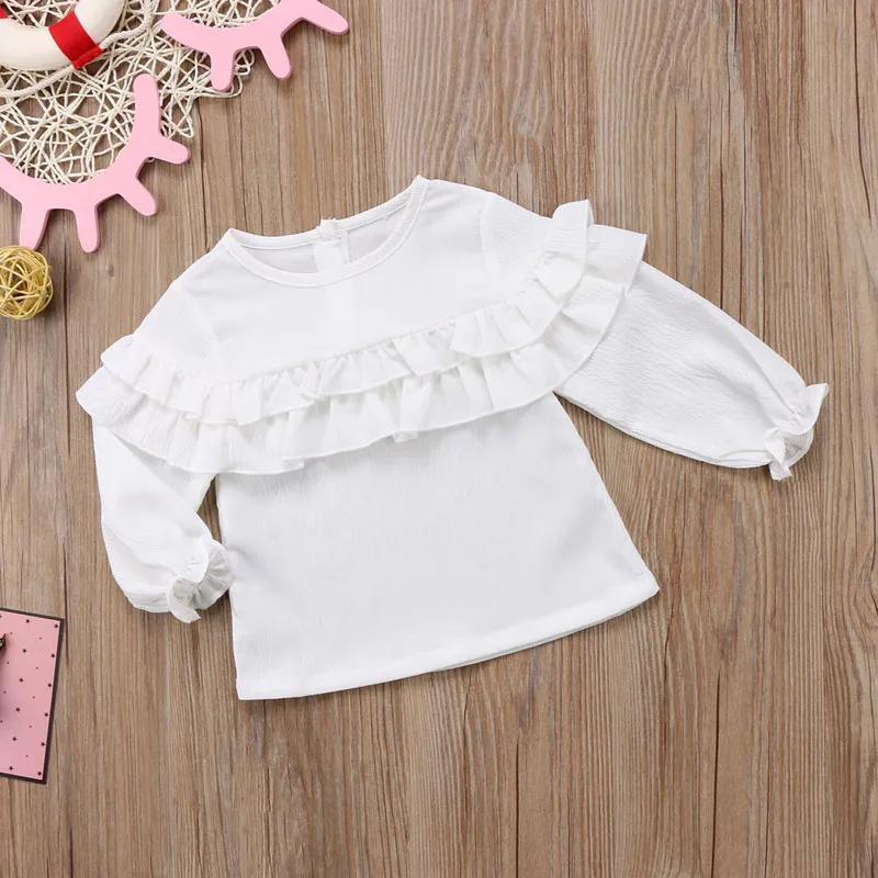 Детская кофта с оборками для маленьких девочек, топы с длинными рукавами и круглым вырезом, блузка, рубашка, 3 цвета