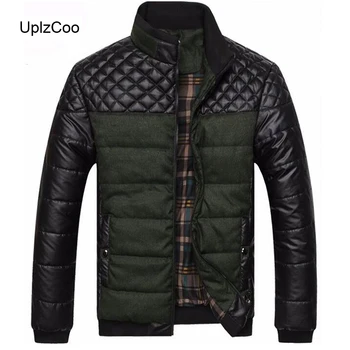 

UplzCoo 2019 Winter Men's Jacket Thicken Warm Jacket PU Patchwork Design Jacket Male Jacket Cotton Male Brand Clothing 4XL FM029