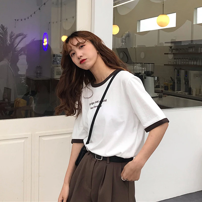 Летняя Корейская футболка с буквенным принтом Ulzzang Женская Повседневная
