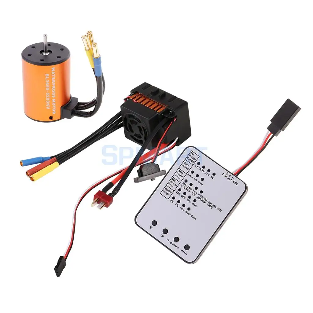 

Waterproof 3650 5200KV Brushless Motor + 60A Sensorless Speed Control ESC + LED Programming Card for 1:10 RC Car Truck