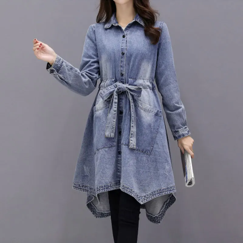 

2019 New Women Spring Autumn Irregular Denim Jean Long Trench Coat Solid Ladies Plus Size XL-5XL Casual Fashion Long Outerwear