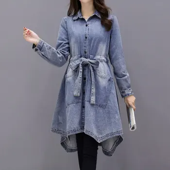 

2020 New Women Spring Autumn Irregular Denim Jean Long Trench Coat Solid Ladies Plus Size XL-5XL Casual Fashion Long Outerwear