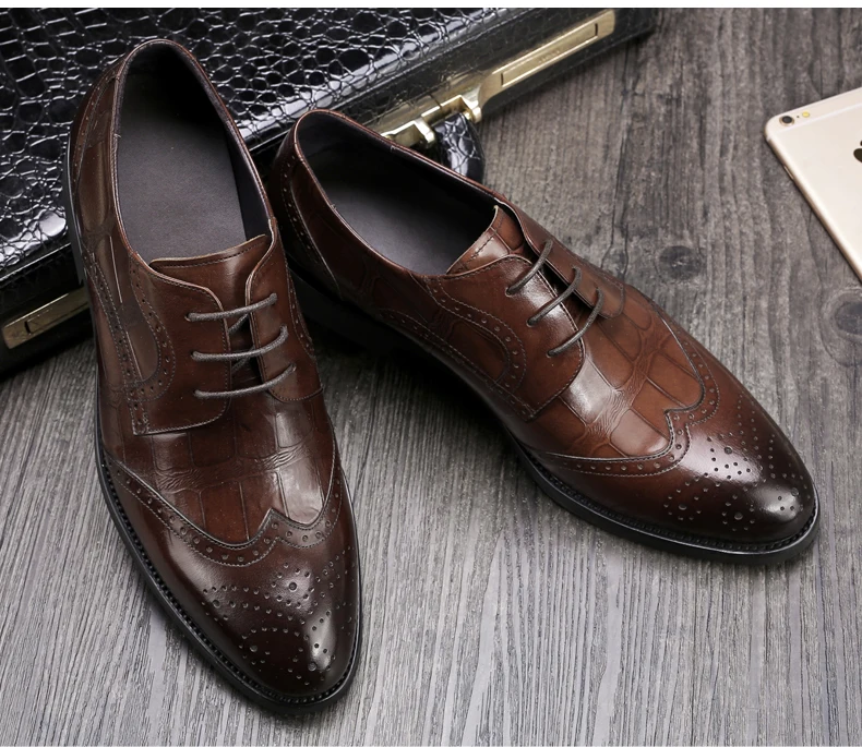 Men's Wedding Dress Shoes Casual Crocodile Genuine Leather Pointed Toe Oxfords Shoes Bussiness Brogues Shoes Moccasins For Men (18)