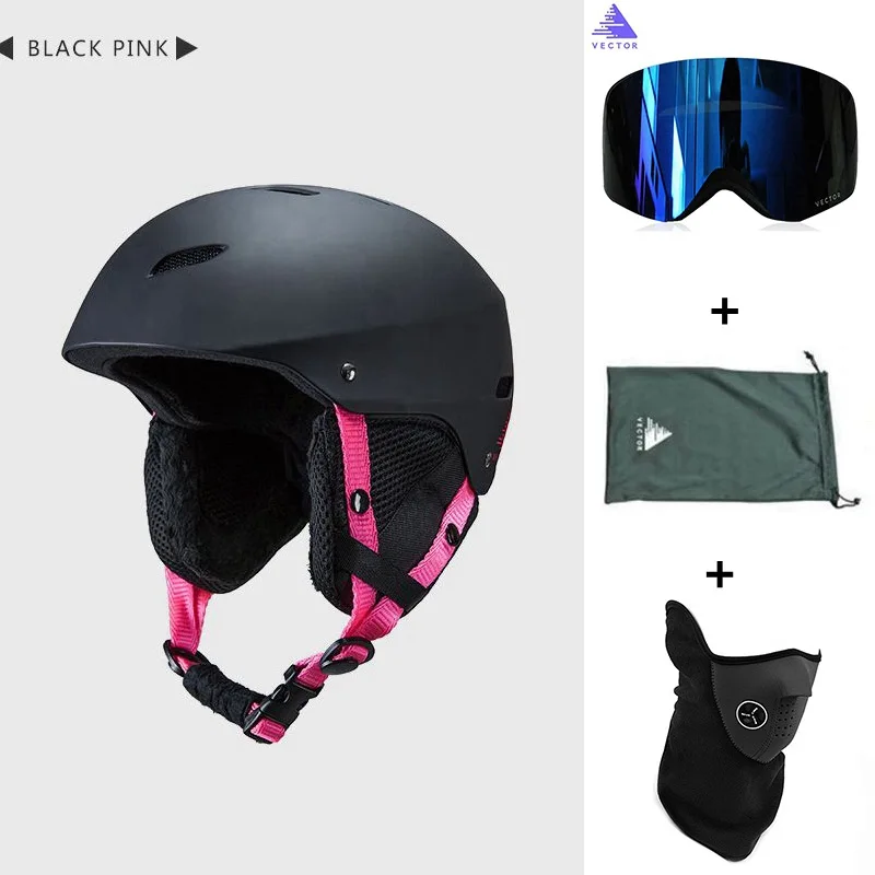 Professional CE Certification Adult windproof Ski Helmet for Men Women Skating Skateboard Snowboard Snow Sports Helmets 54-61cm - Цвет: Black Pink 1 Set