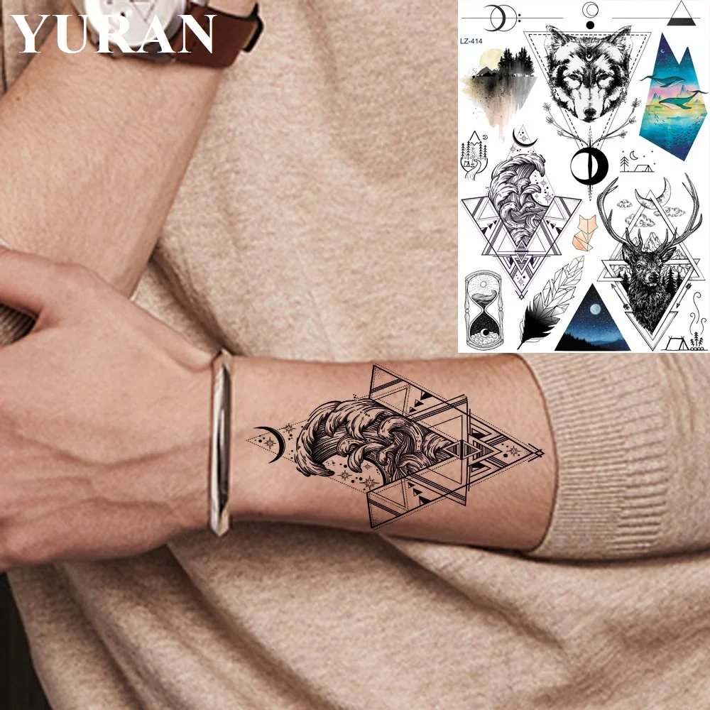 

YURAN Men Black Wolf Geometric Temporary Tattoos For Men Children Sea Waves Deer Fake Tattoos Stickers Women Body Arm Men