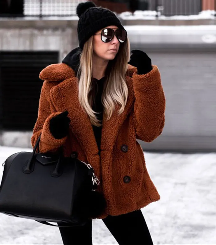 Зимнее однотонное пальто женское осеннее свободное теплое пальто с широким отворотом Женский Повседневный джемпер женское Свободное пальто из смеси шерсти для женщин