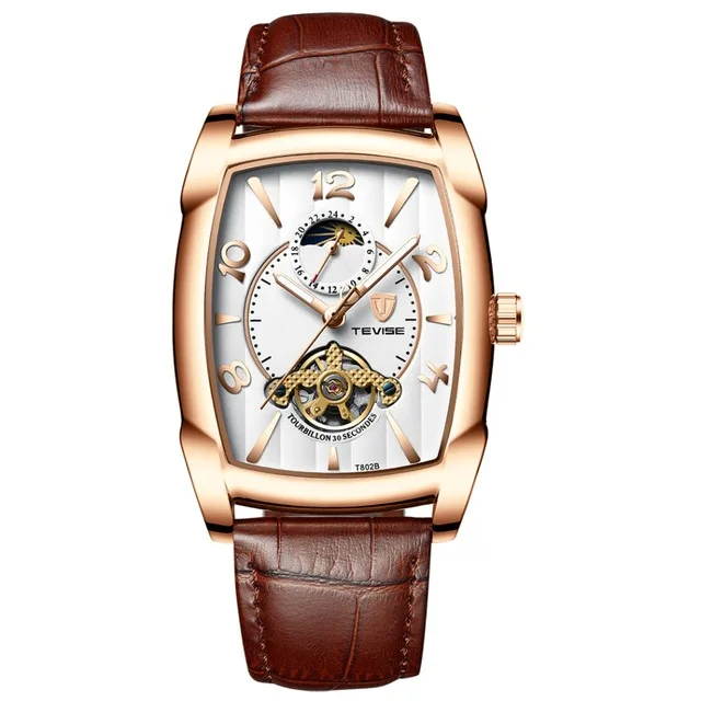 TEVISE Модные мужские автоматические часы Moon phase Tourbillon механические часы мужские кожаные спортивные наручные часы Relogio Masculino - Цвет: brown gold