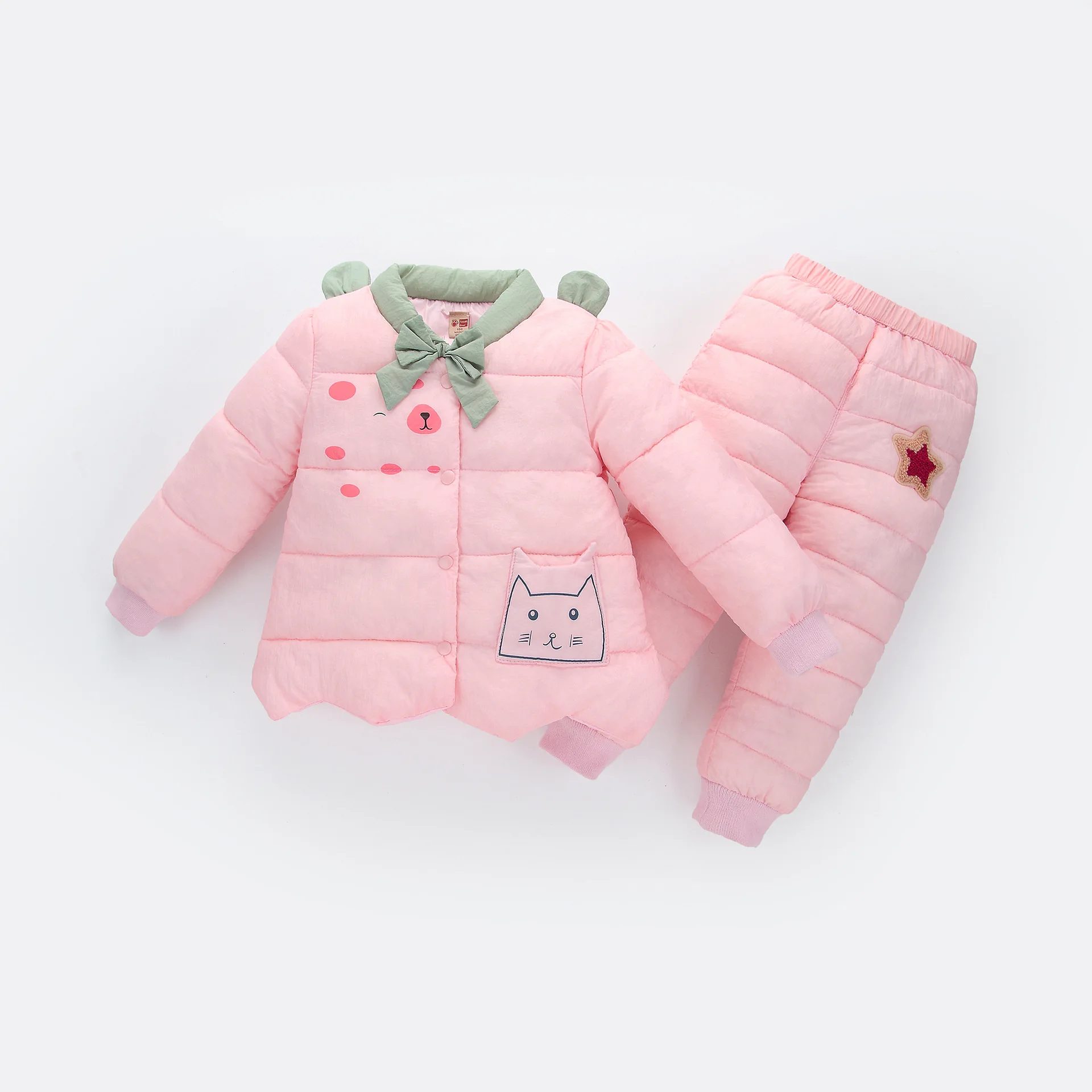 

2017 Autumn and winter new sweet cute style children padded suit trousers Keep warm coat baby girls down cotton two piece/sets