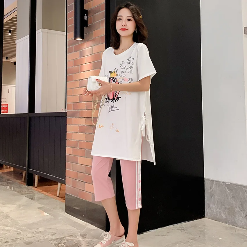 

New summer Korean version of pregnant women suit cartoon frog print shirt + seven points wide leg stomach lift pants two sets