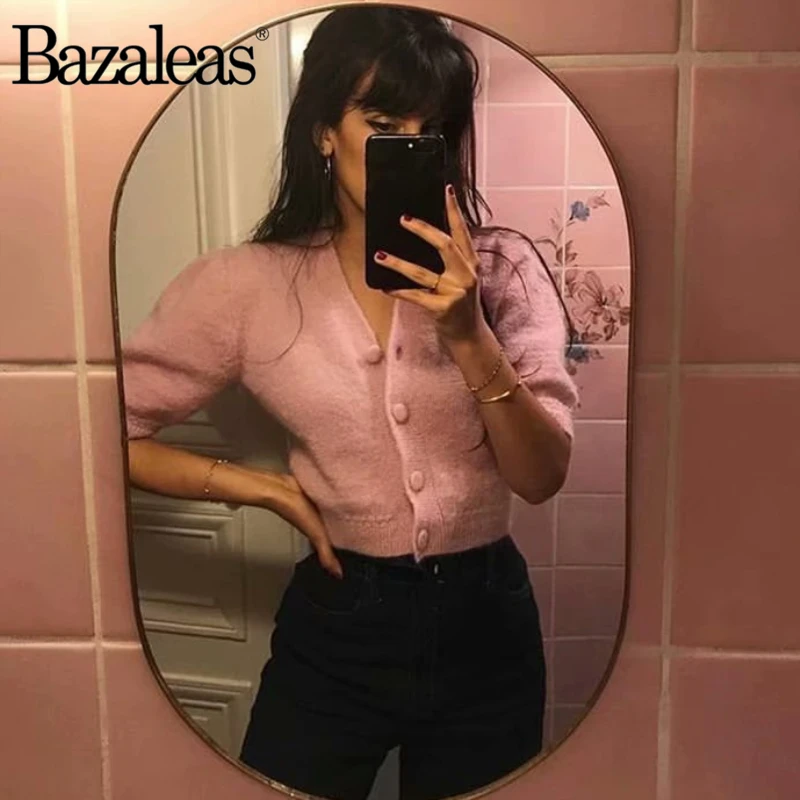 

Bazaleas Rose Pink Candy hues Kintted Carfigans V Neck Buttons Sweater harajuku Vintage short sleeve women coat Casual Drop ship