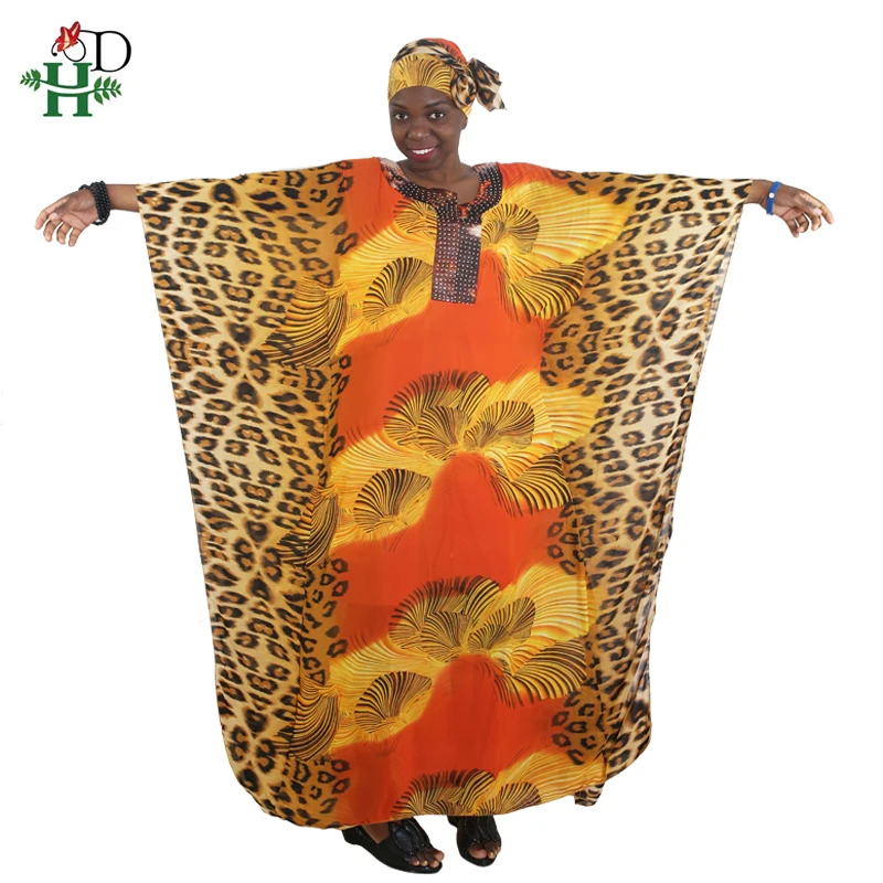 

H&D African Dresses For Women Fashion New Africa Chiffon Maxi Dress Dashiki Leopard Print Plus Size Boubou Nigerian Turban Robes