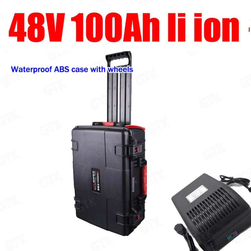 

GTK waterproof lithium ion 48V 100AH li ion BMS Wheeled trolley case for 7000w 5000w Tricycle Cleaning car scooter + 10A charger