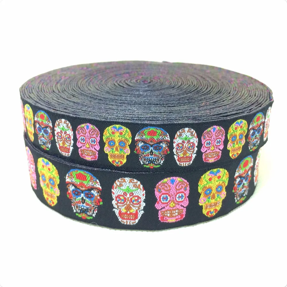 5/8" 7/8" Polyester Rock skulls Cartoon Woven Jacquard Ribbon For Dog Collar