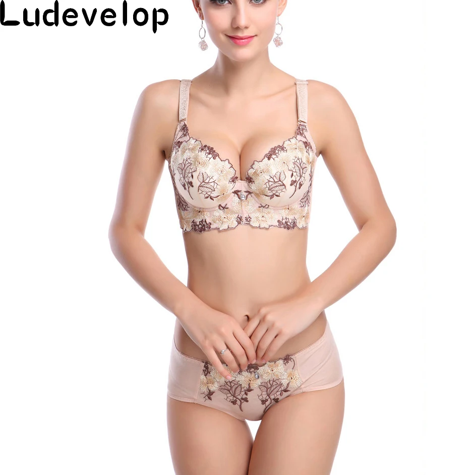 

New deep V brand sexy big size push up bra set floral embroidery lace women underwear set bra and panties 34 36 38C D Cup