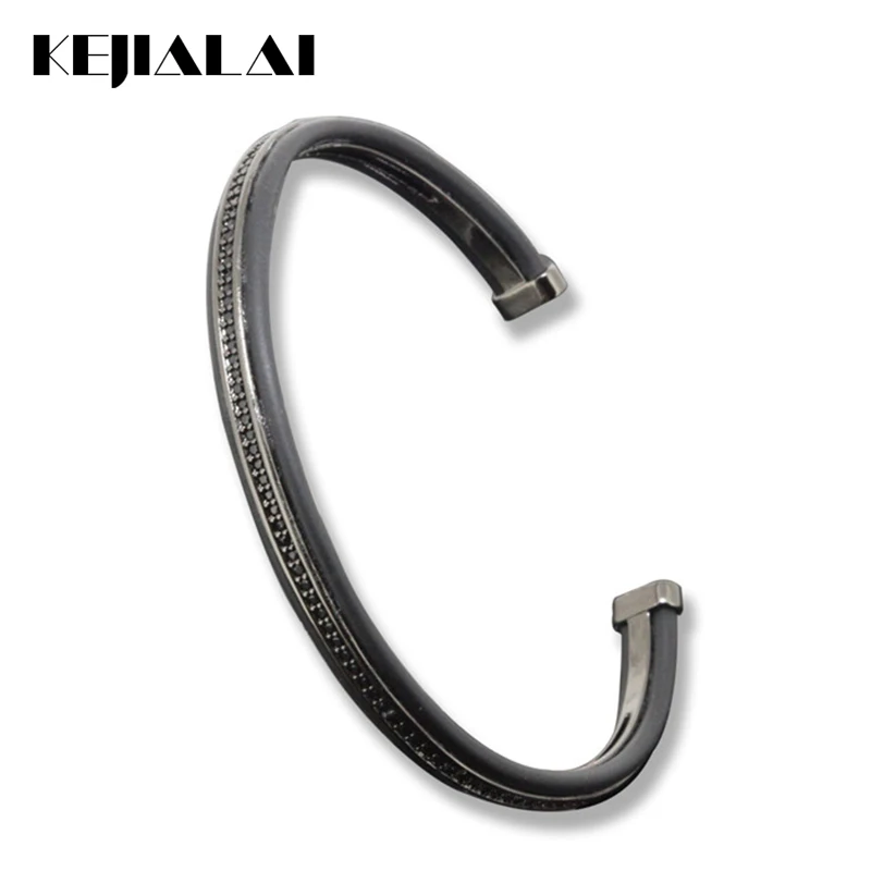 

2018 Anil Arjandas Hot Bangle Pave Black Zircon & Black Gun Plated Leather Open Cuff Bangles & Bracelets Adjustable Men Jewelry