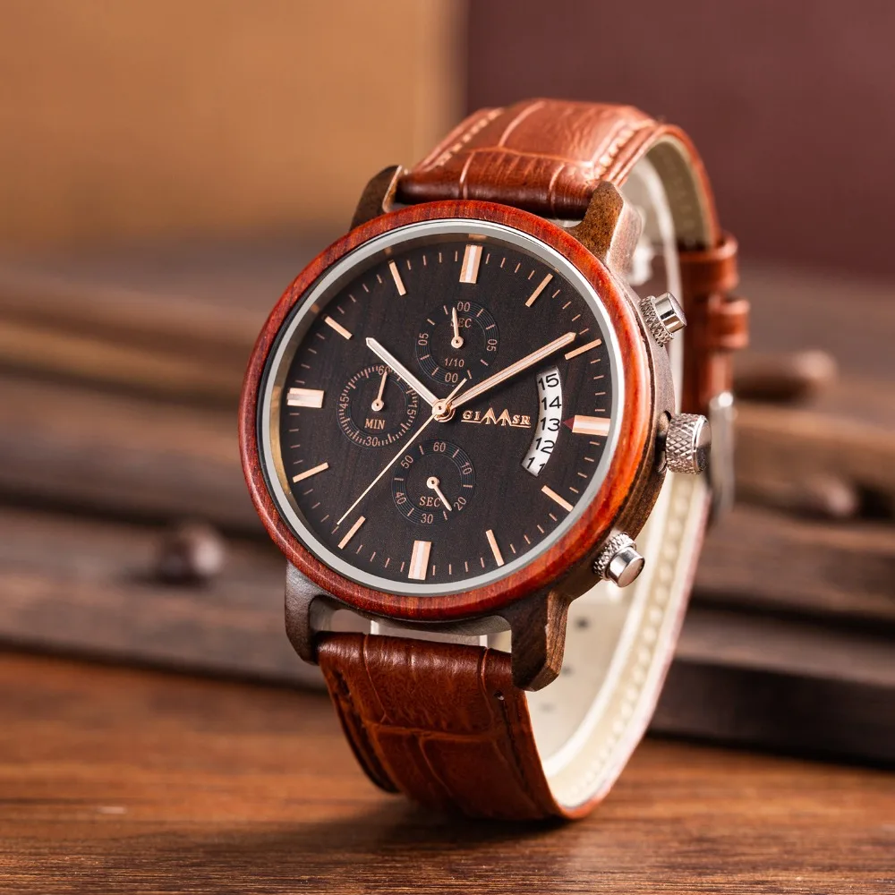 GIMSR Топ люксовый бренд деревянные часы мужские модные секундомер часы Цвет опционально с Бизнес Повседневный Кожаный ремешок деревянные часы для мужчин