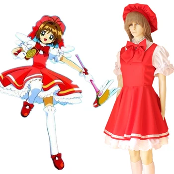 

Anime CARDCAPTOR SAKURA KINOMOTO SAKURA red dress Cosplay Costumes Halloween for women suits dress + hat + bow 4pcs set