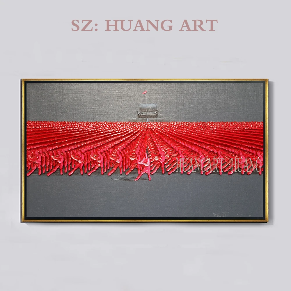 

Yu Nancheng is a Chinese modern artist thick oil knife painting red square character playing Tai Chi sports theme decoration lob