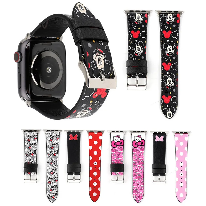 

Cartoon Leather Watchband for Apple Watch Bands Series 4 3 2 1 Mickey Mouse Hello Kitty Strap for Apple iwatch 44mm 42 40 38mm