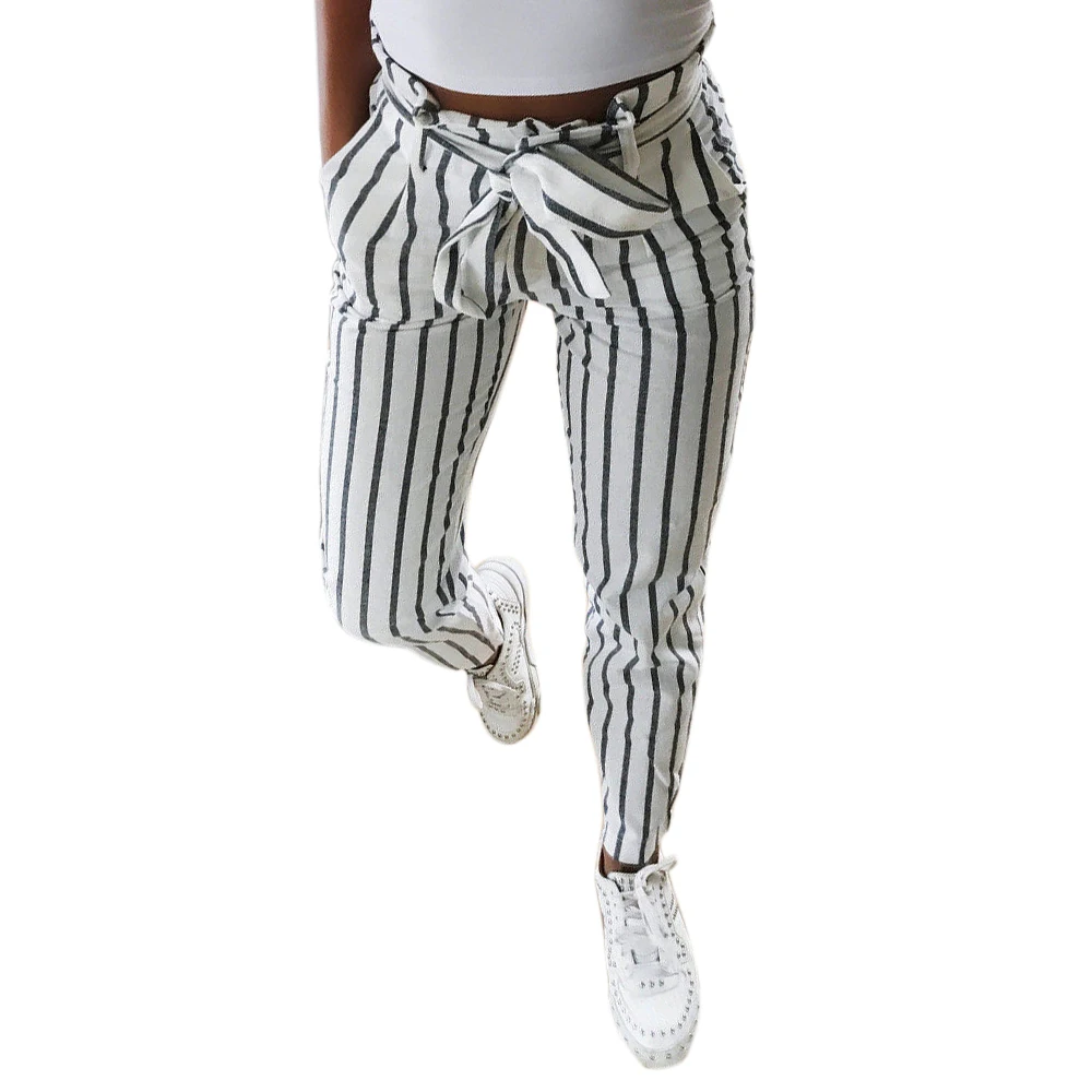 

2018 new hot Women High Waist Striped Long Harem Pants Ladies Casual Elastic Waist Pencil Pants Female Trousers With Belt White