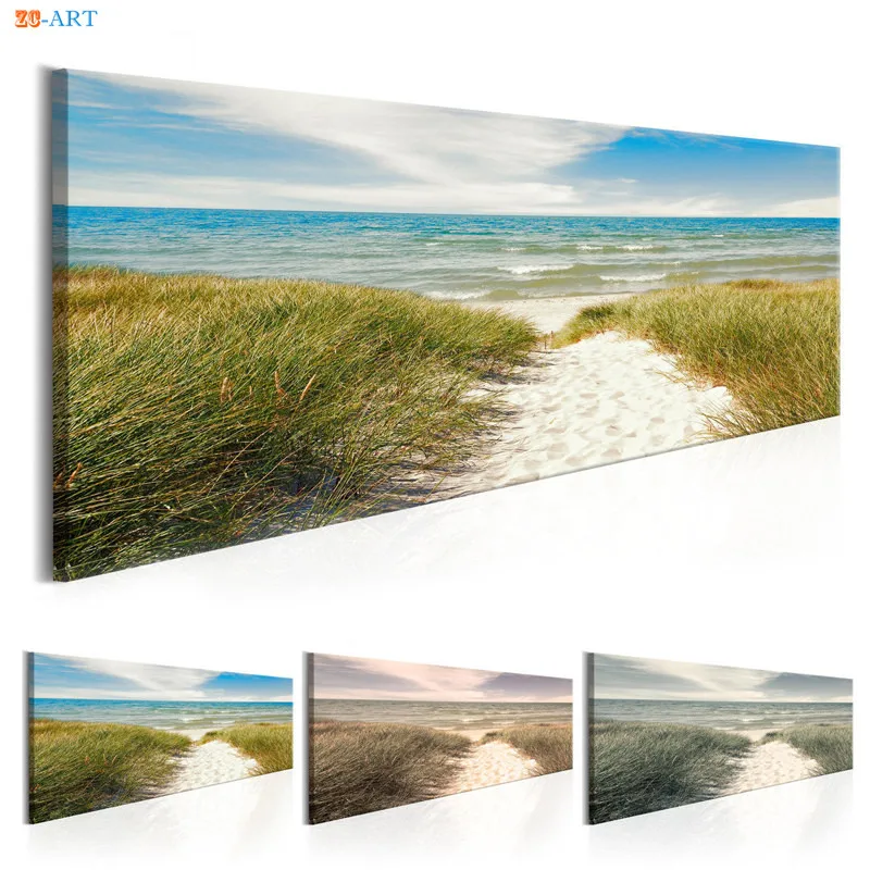 

Sandy Beach Ocean Water and Grass Prints Wall Art Seascape Natural Canvas Painting for Living Room Home Decor