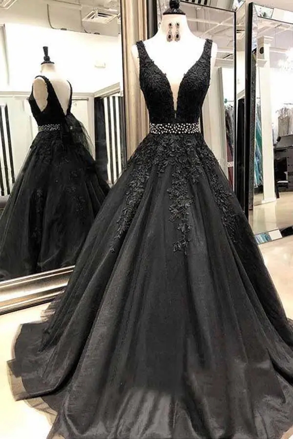 US $88.20 Black Long Prom Dresses 2020 Beading VNeck Ball Gown Tulle Appliques Lace Saudi Arabic Evening Dress Gown Abiye Gece Elbisesi