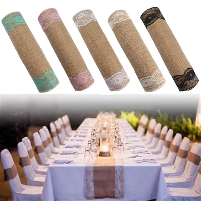 

280x30cm Home Textile Vintage Burlap Lace Table Runner Natural Jute Country Party Banquet Wedding Decoration Top Quality