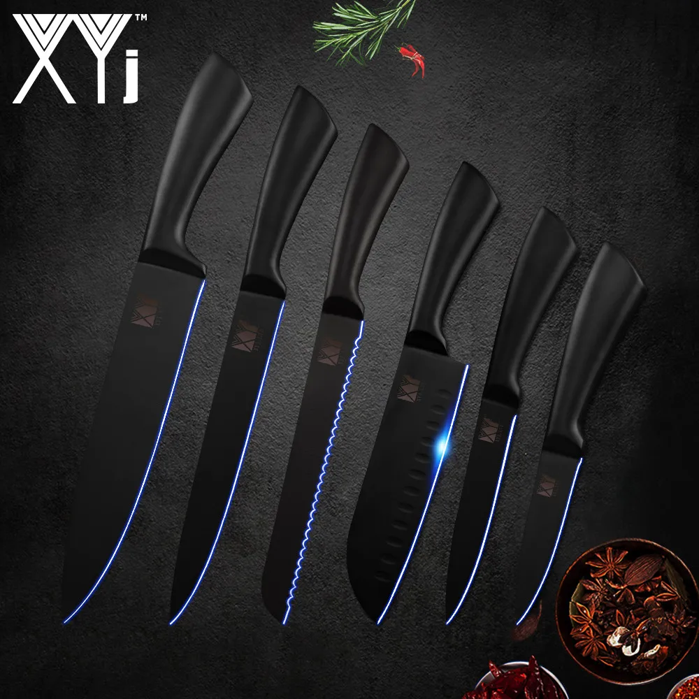 XYj набор кухонных ножей из нержавеющей стали с черной ручкой и лезвием для нарезки хлеба, Santoku, нож для очистки овощей, кухонные инструменты