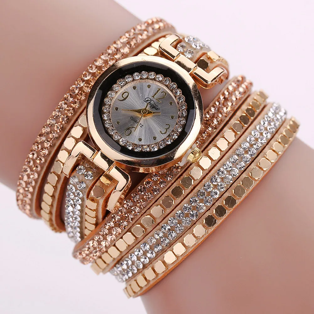 Duoya, модные брендовые женские часы-браслет, женские шикарные кварцевые наручные часы с кожаными блоками, украшенные бриллиантами