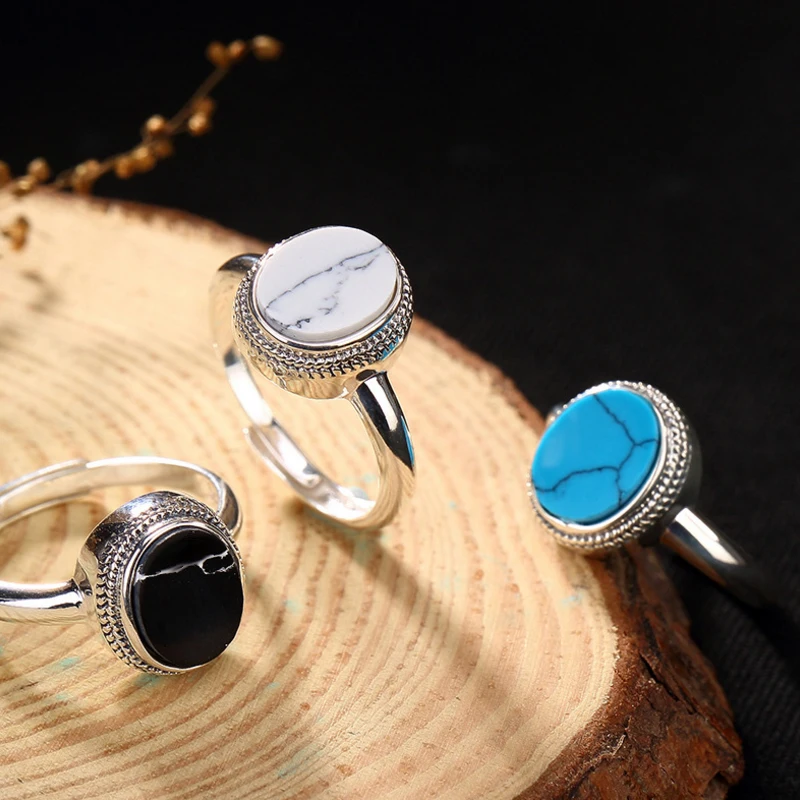 

925 Sterling Silver Open Ring Retro Turquoise Rings for Women Silver Ornaments