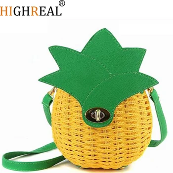 

Straw Bag Women Beach Bag Hand-Made Woven Circular Shoulder Handbag Messenger Yellow Bags New Cute Fruit Travel Pineapple Purse