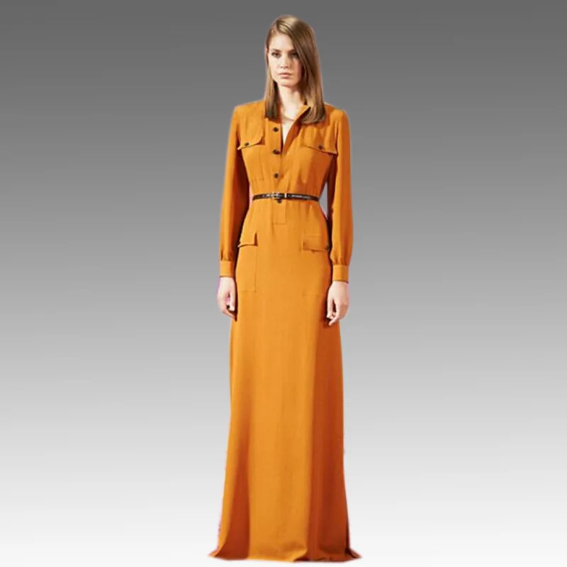 Orange Chiffon Maxi Shirt Dresses Elegant Women Long Summer Dress Turn ...