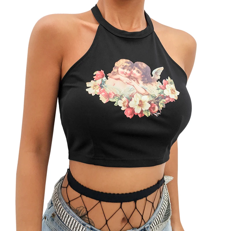 

Angel Print Tank Tops Black Women Halter Sleeveless Backless Crop Tops Sexy Mesh Short vest Top