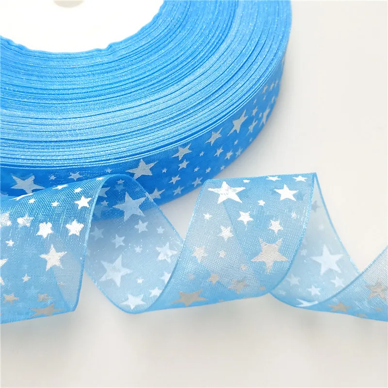 suoja 10Yards/lot 1"(25mm) Printed Star Organza Ribbon Hair Bow Wedding Christmas Decoration DIY Sewing