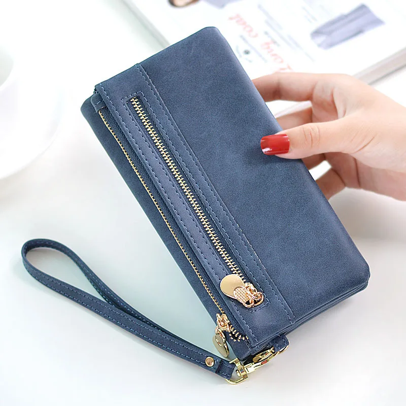 Large Capacity Women Wallets Long Dull Polish PU Leather Wallet Female Double Zipper Clutch ...