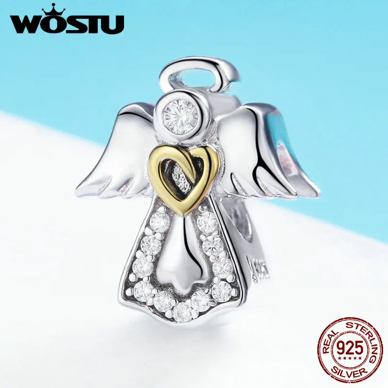 WOSTU, высокое качество, настоящее 925 пробы, серебряные бусины ангела-хранителя, подходят для оригинального бренда, Браслет-Шарм, сделай сам, ювелирное изделие, подарок на удачу, CQC747