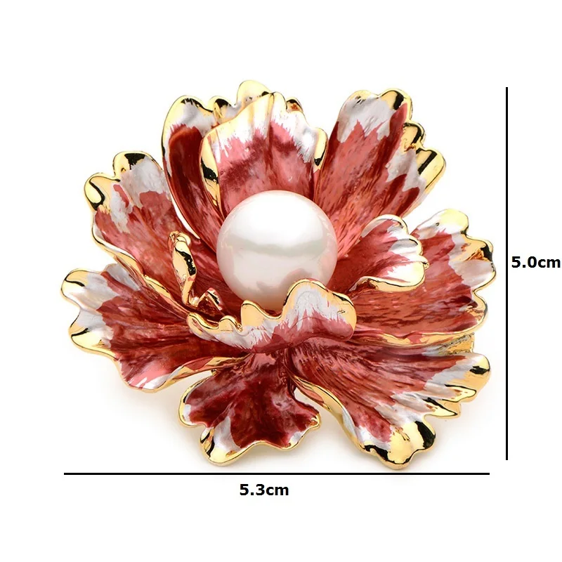 Женская/мужская брошь в форме цветка Wuli&baby, металлическая эмалированная брошь в виде красного пиона, с искусственным жемчугом, брошь для свадьбы или банкета, подарочная брошь
