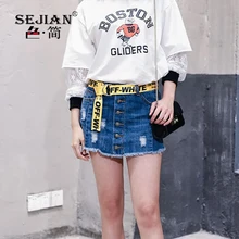 SEJIAN 2017 Lady’s Cotton Skirts Casual Spliced Scratched Bleached Skirt Women’s a-Line Button Front Denim Skirt 3003#
