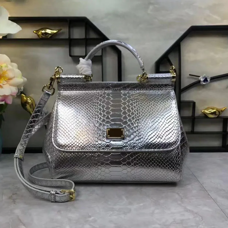 

Cowskin Python Serpentine Single Shoulder Slant Girl's Bag Silver Hundred Handbag