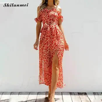 

2020 Summer Boho Jumpsuit Women Sexy Loose Slit Casual Jumpsuits Off The Shoulder Beach Jumpsuits Rompers Flower Print Overalls