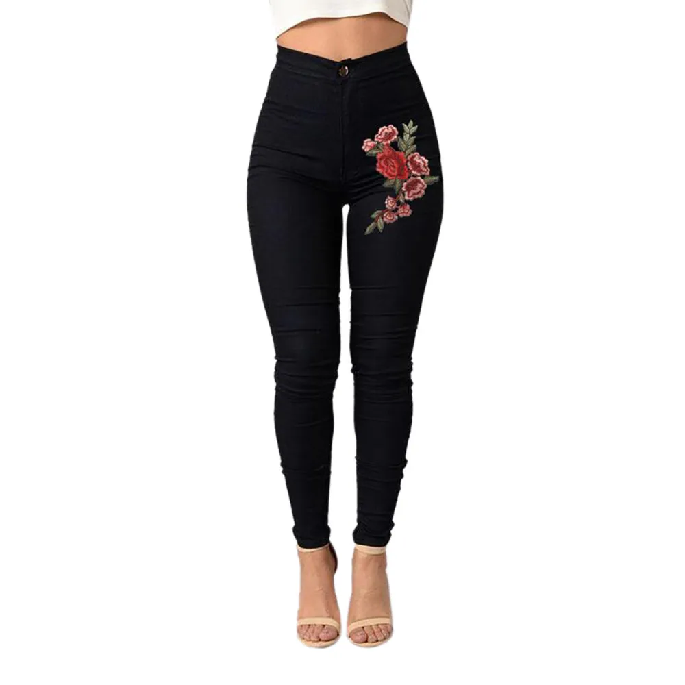 

1PC High Waist Fashion Sexy Women Skinny Floral Applique Jeans High Waist Stretch Pencil Pants Women Jeans HX0430