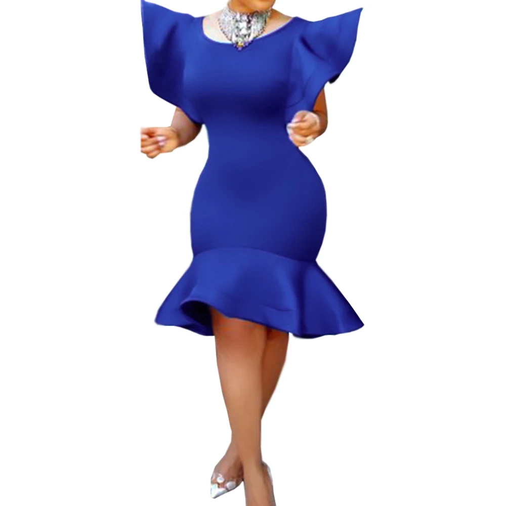 

2018 Women Vintage O-Neck Flouncing Ruffles Flare Sleeve Trumpet Mermaid Bodycon Slim Dress Plus Size