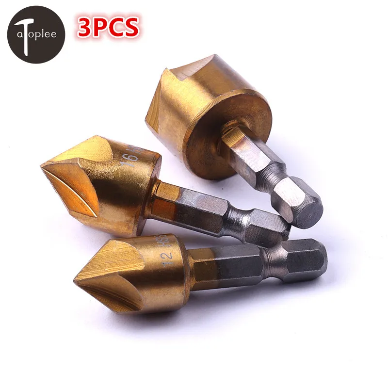 

3PCS 5 Flute 12mm,16mm,19mm Chamfer Countersink Drill Bit 1/4" Hex Shank HSS Wood Chamfering Cutter Hand Drill Bit