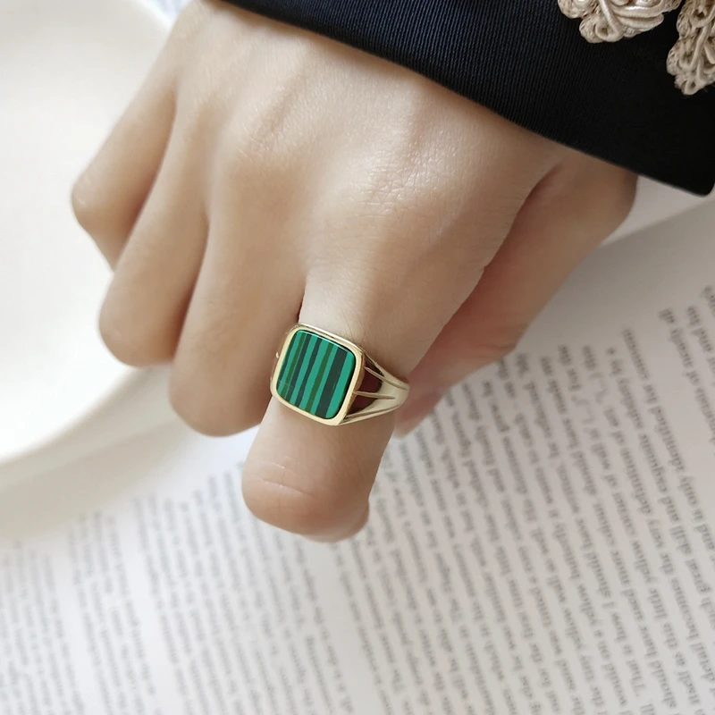 Skup LouLeur 925 srebro malachitowe kwadratowe pierścionki złote klasyczne wzornictwo eleganckie eleganckie otwarte pierścienie dla kobiet festiwal biżuteria prezent