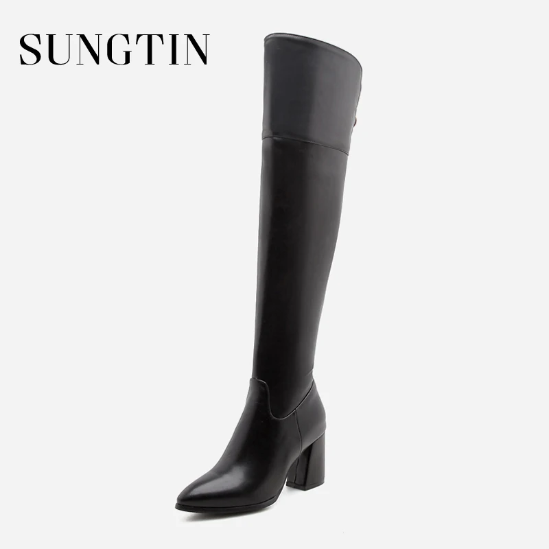 Sungtin/высокие сапоги до бедра из искусственной кожи на высоком каблуке; женские теплые сапоги выше колена на осень-зиму; однотонные высокие сапоги черного цвета; большие размеры 47