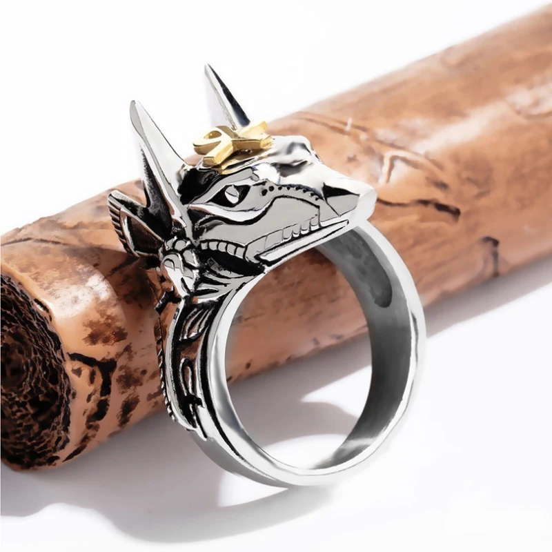 Унисекс, персональное кольцо для самозащиты, панк, анубисский Египетский крест, зверь, анти-волк, кольцо на палец, титановая сталь, винтажные кольца с волком, подарок