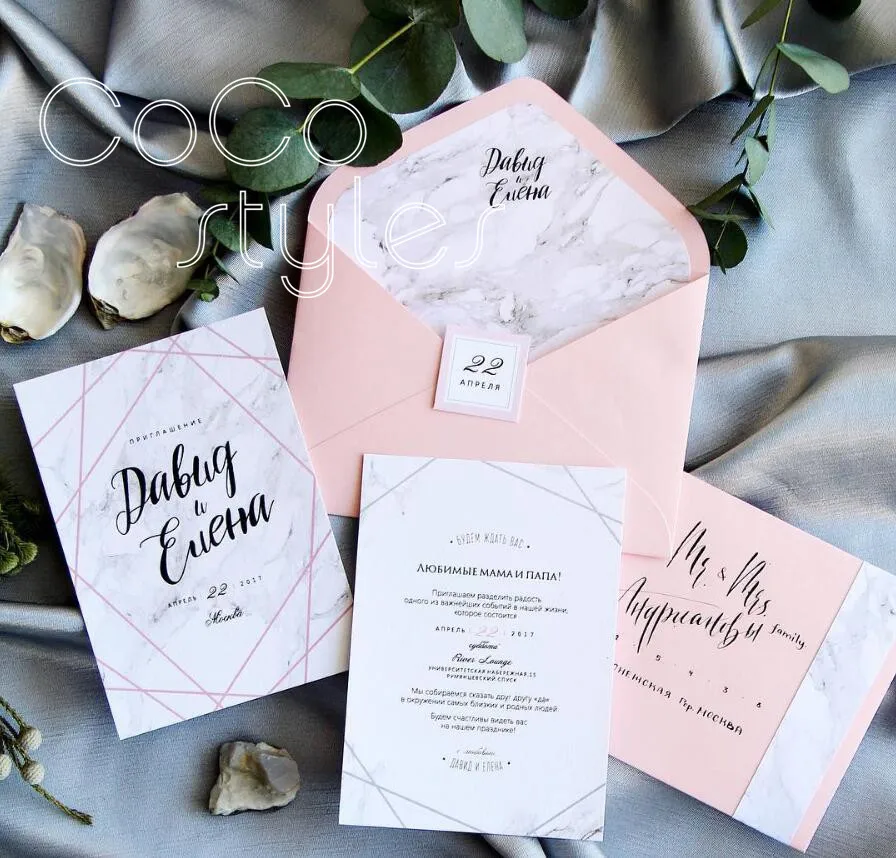  Cocostyles custom fashion baby pink envelope marble liner with geometric invitation card for modern - 32889476491